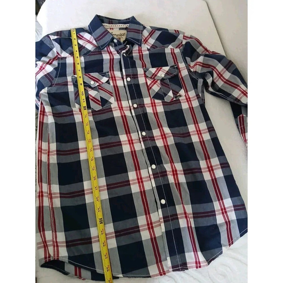 Coastal Shirt Men's Medium Blue Red Plaid Western Cowboy Tab Roll Sleeves Snap - Picture 11 of 16